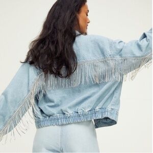 Free People Comet Rhinestone Fringe Denim Bomber Jacket in Meteor Wash